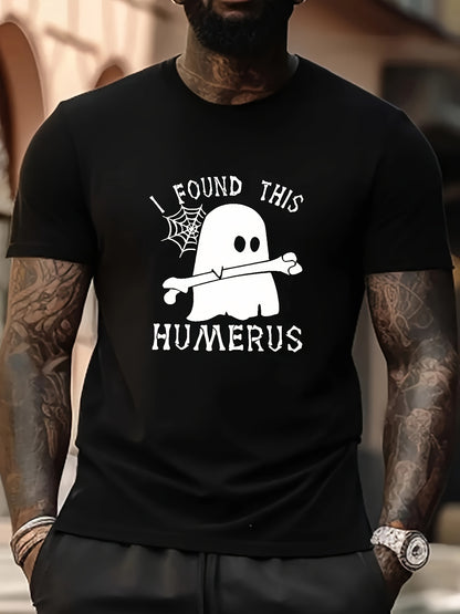 Plus Size Men's Halloween T-shirt, Short Sleeved T-shirt With Ghost And I Found This Humerus Pattern On Top