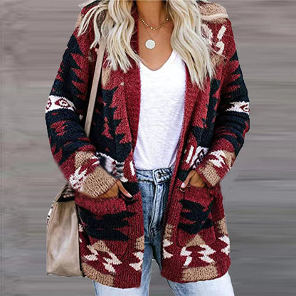 Women Loose Sweater Christmas Printed Knitted Cardigan