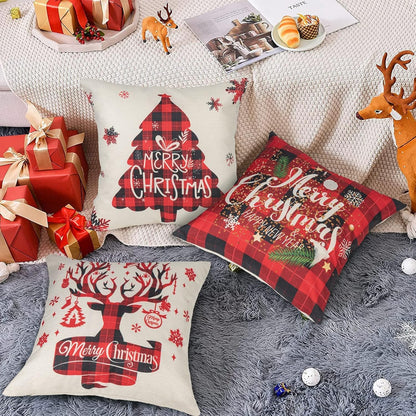 Buffalo Plaid Christmas Pillow Covers, Merry Christmas Throw Pillow Covers 18X18 Set of 4, Square Xmas Pillow Covers Zippered Linen Christmas Pillow Cases Seasonal for Winter Holiday Decoration