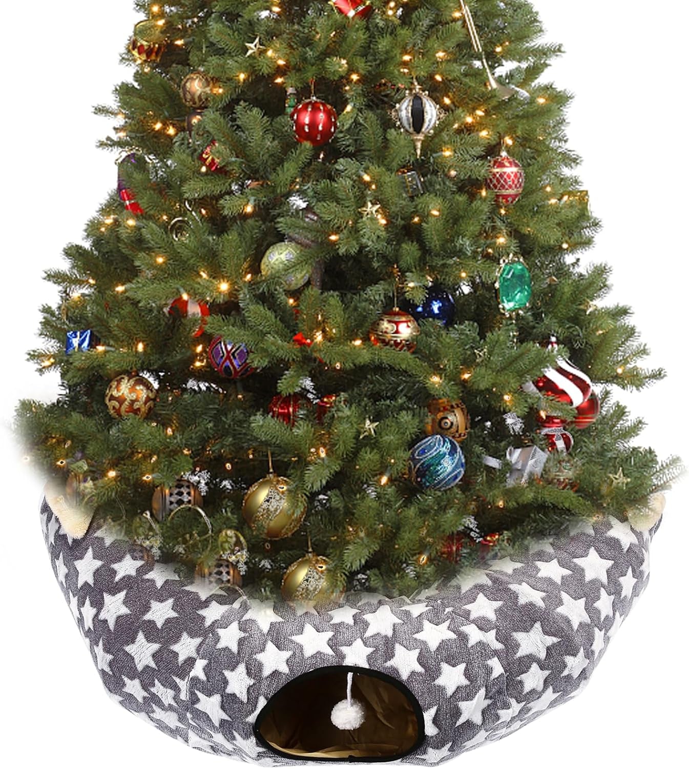 Large Cat Tunnel Bed under Christmas Tree with Fluffy Toy Balls, Small Cushion and Flexible Design- 10 Inch Diameter, 3 Ft Length- Great for Cats, and Small Dogs, Gray Star Pattern