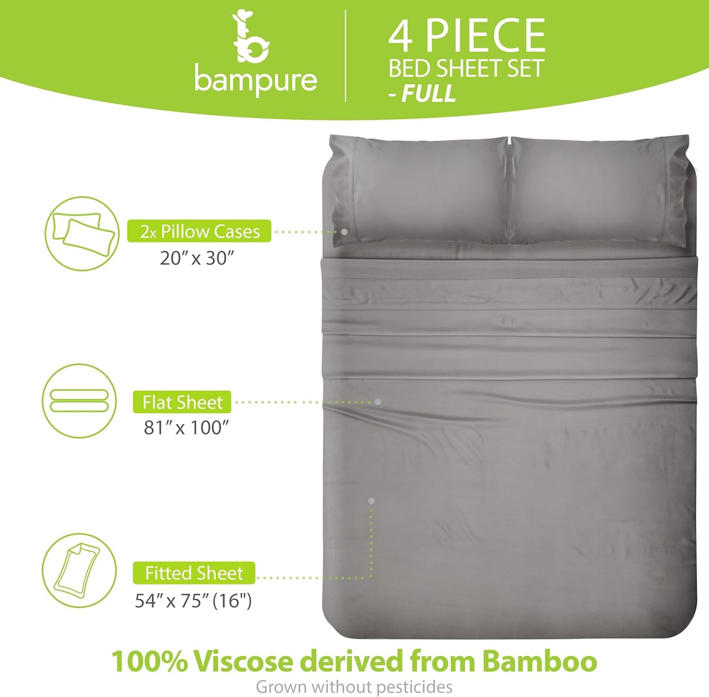 4Pcs - 100% Viscose Derived from Bamboo Sheets Full Size Sheets Set - Super Soft Viscose Bamboo Cooling Sheets for Hot Sleepers - up to 16’’ Deep Pocket - Luxury Series Full Sheet Set (S Gray)