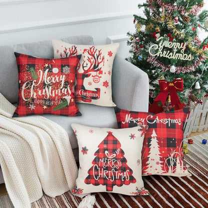 Buffalo Plaid Christmas Pillow Covers, Merry Christmas Throw Pillow Covers 18X18 Set of 4, Square Xmas Pillow Covers Zippered Linen Christmas Pillow Cases Seasonal for Winter Holiday Decoration
