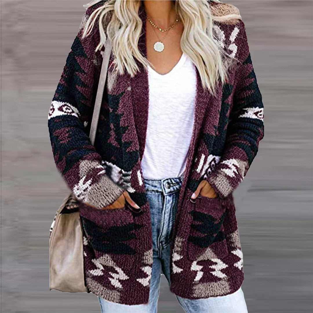 Women Loose Sweater Christmas Printed Knitted Cardigan