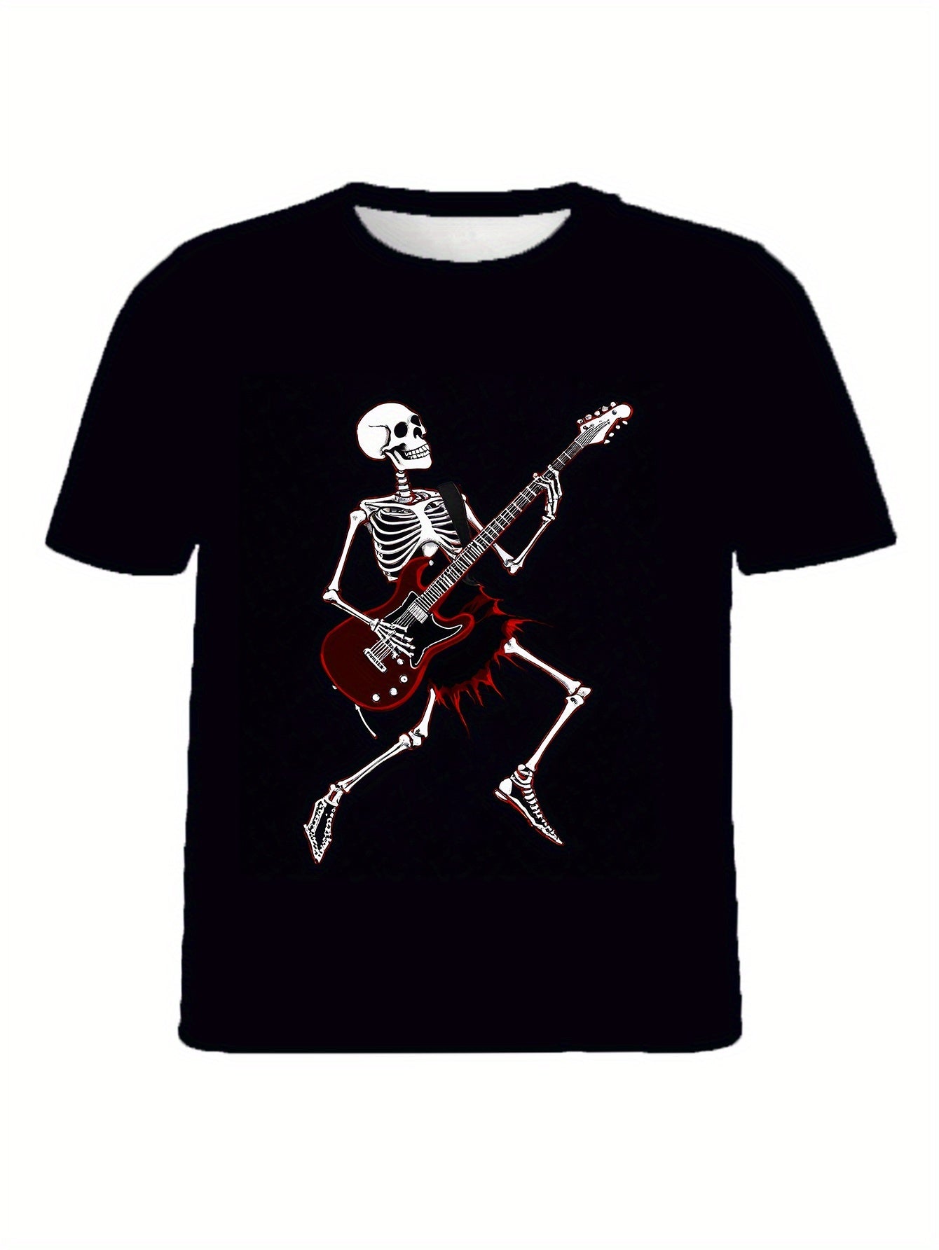 Men's Skull Guitar Patterned Round Neck T-shirt, Summer Casual Streetwear, Casual And Halloween Party Wear