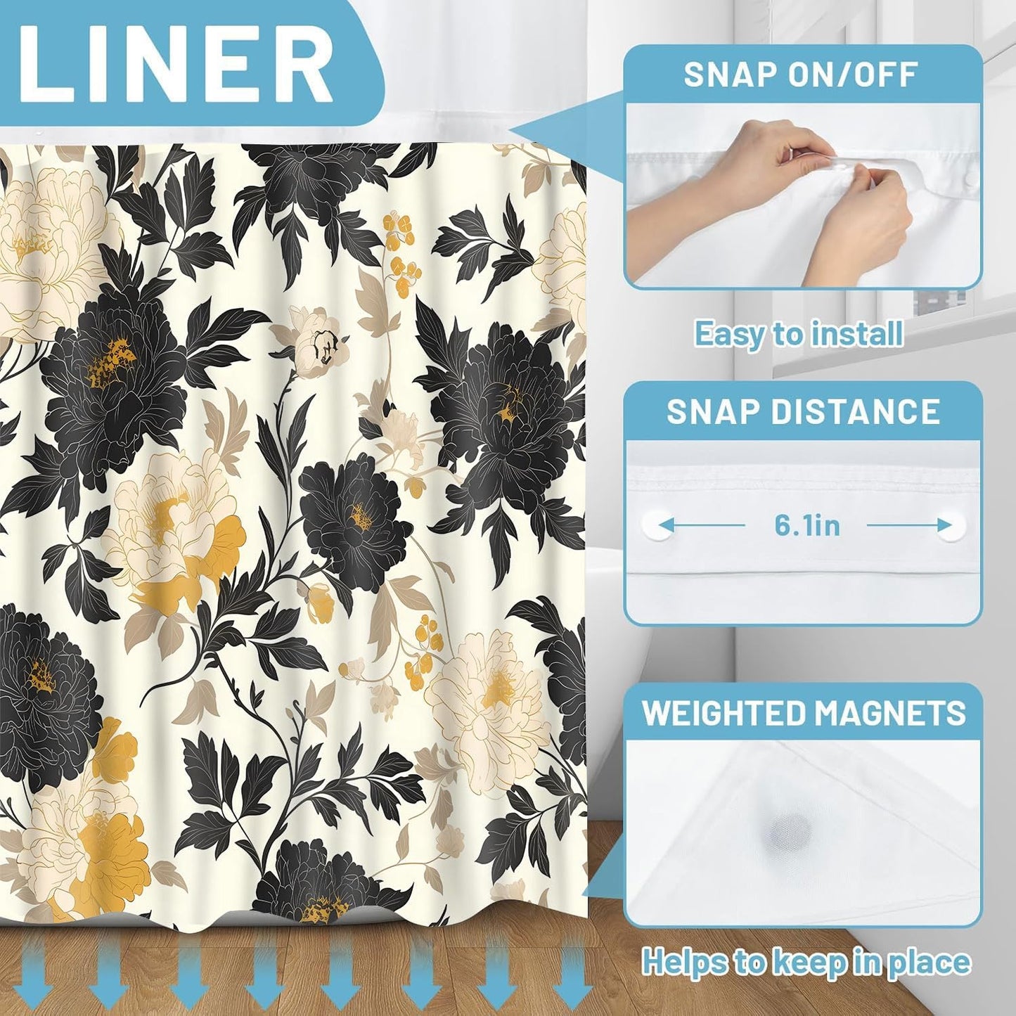 No Hooks Snap in Liner Black Rustic Floral Boho Shower Curtain Sets, Hotel Luxury Double Layers Waterproof Fabric & See-Through Top Window Bathroom Decorative 54X80In