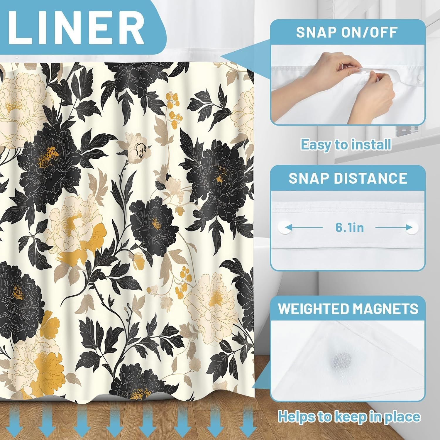 No Hooks Snap in Liner Black Rustic Floral Boho Shower Curtain Sets, Hotel Luxury Double Layers Waterproof Fabric & See-Through Top Window Bathroom Decorative 54X80In