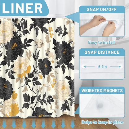 No Hooks Snap in Liner Black Rustic Floral Boho Shower Curtain Sets, Hotel Luxury Double Layers Waterproof Fabric & See-Through Top Window Bathroom Decorative 54X80In