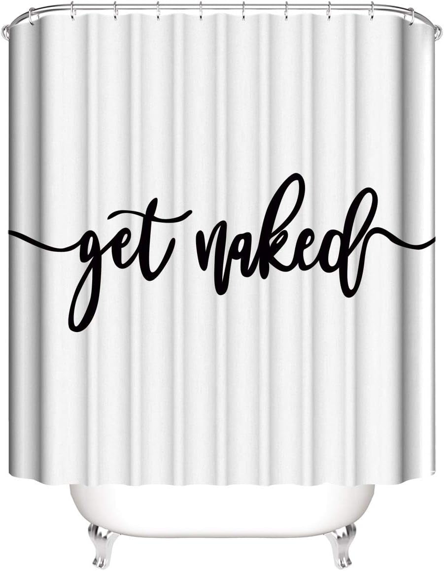 70X70 Inches Get Naked Shower Curtain Set Funny Quote Durable Waterproof Polyester Shower Curtain Bathroom Bath Decor Cloth Fabric + 12 Hooks(White)