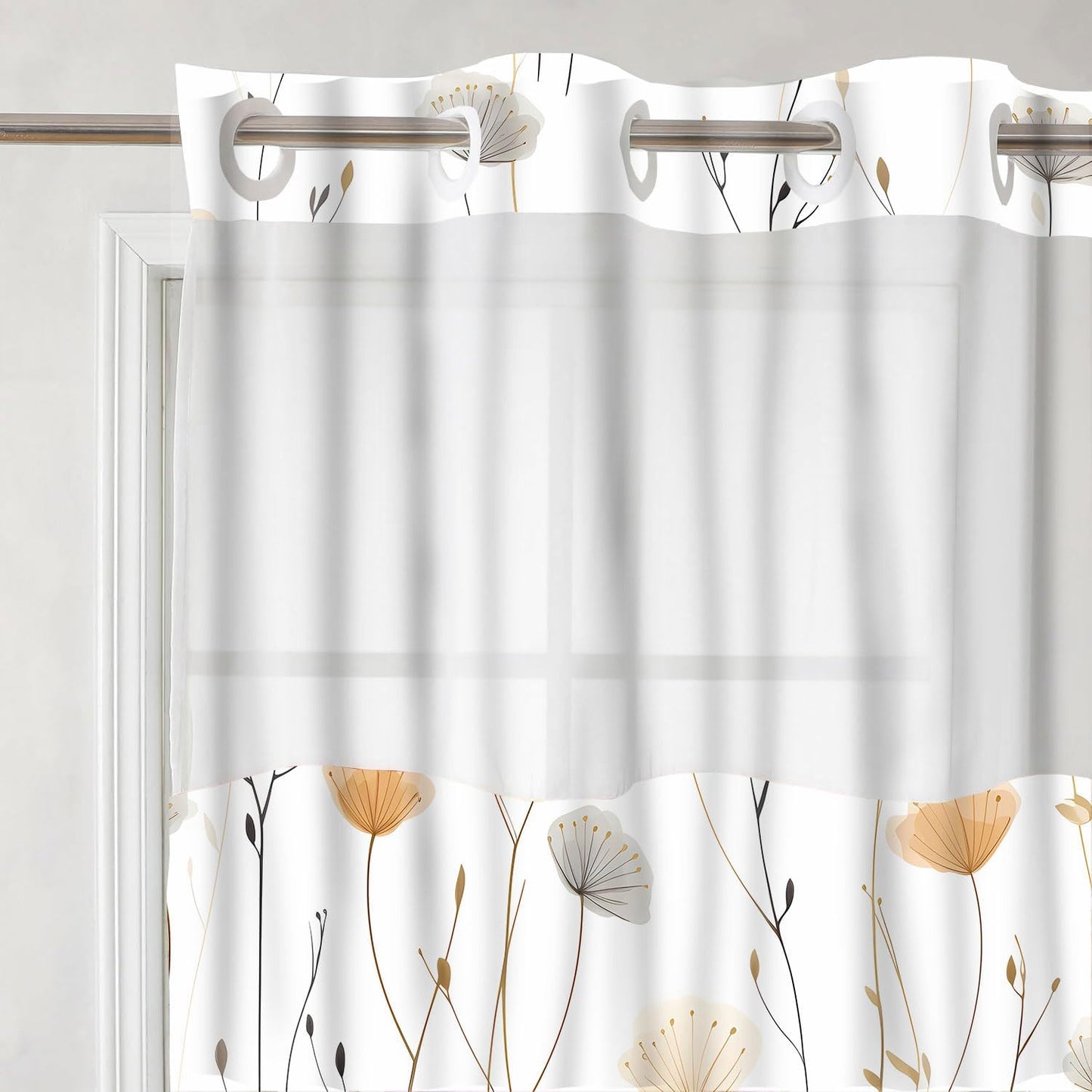 No Hook White Dandelion Shower Curtain with Snap in Fabric Liner Boho Floral Shower Curtain Flowers and Plants Boho Double Layer through Mesh Top Home Bathroom Decor 71X74In