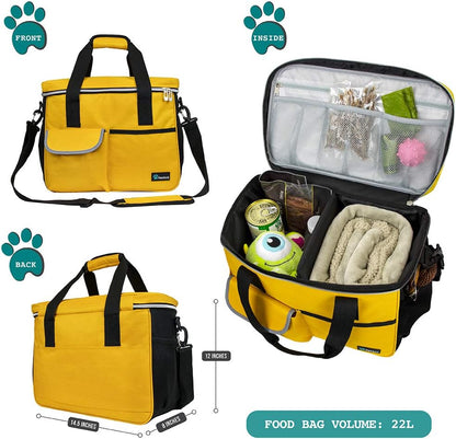 Dog Travel Bag, Travel Pet Bag Organizer, Dog Food Travel Bag with Food Container and Bowls, Dog Travel Supplies Gift Accessories for Weekend Camping, Dog Cat Diaper Bag (Yellow, Medium)