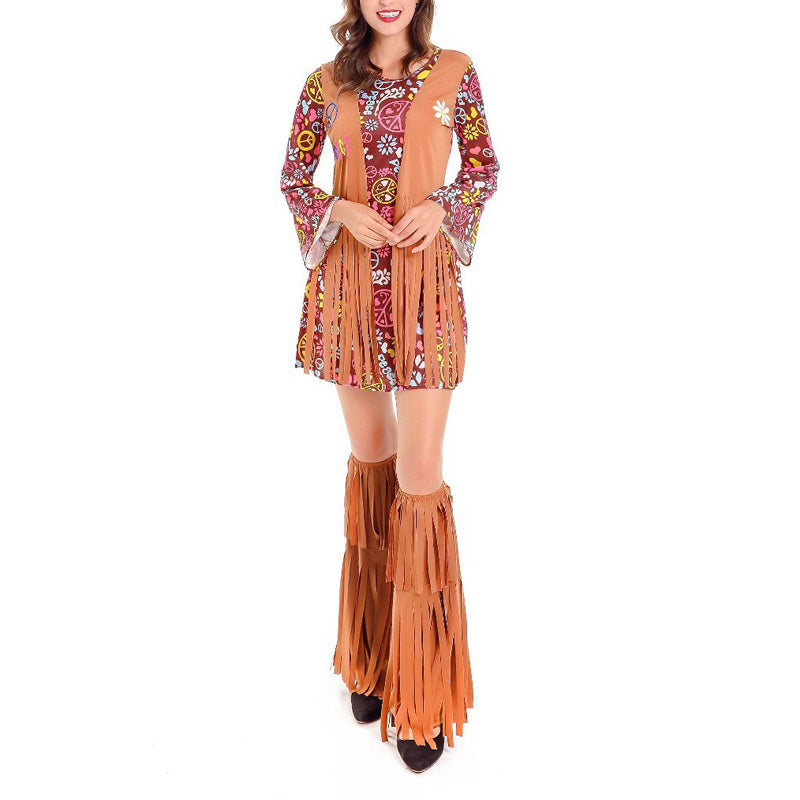 Women's Tassel 3-Piece Hippie Costume Set - Printed Long Sleeve Short Dress With Headscarf & Leg Warmers