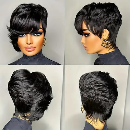 Straight Black Elegant 8 PixieCut Wig For Women -Glueless Human Hairwith Long Bangs, Everyday Style Wig L SleekShort Wig   Wig Accessories