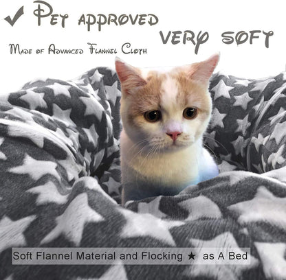 Large Cat Tunnel Bed under Christmas Tree with Fluffy Toy Balls, Small Cushion and Flexible Design- 10 Inch Diameter, 3 Ft Length- Great for Cats, and Small Dogs, Gray Star Pattern